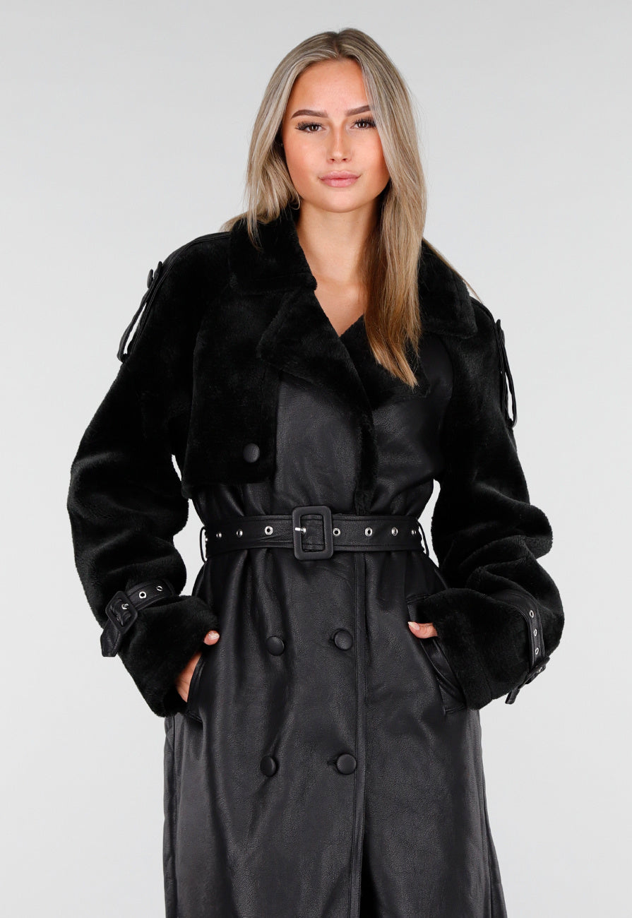 Zwarte Lange Trenchcoat van Imitatieleer met Ceintuur