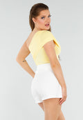 Butter Yellow One-Shoulder Top Met Plooien en Stretch