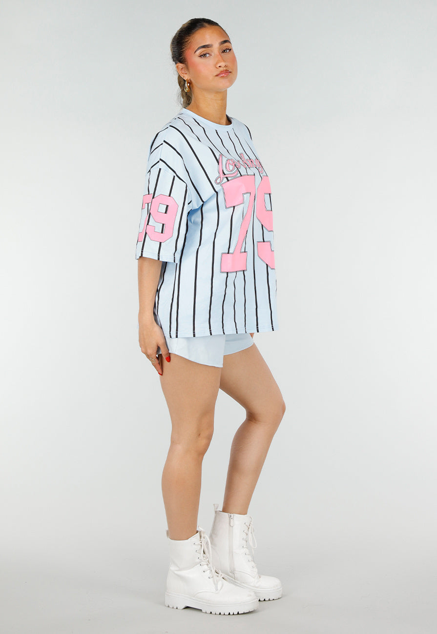 Oversized Lichtblauw Jersey Shirt met Roze Print en Strepen