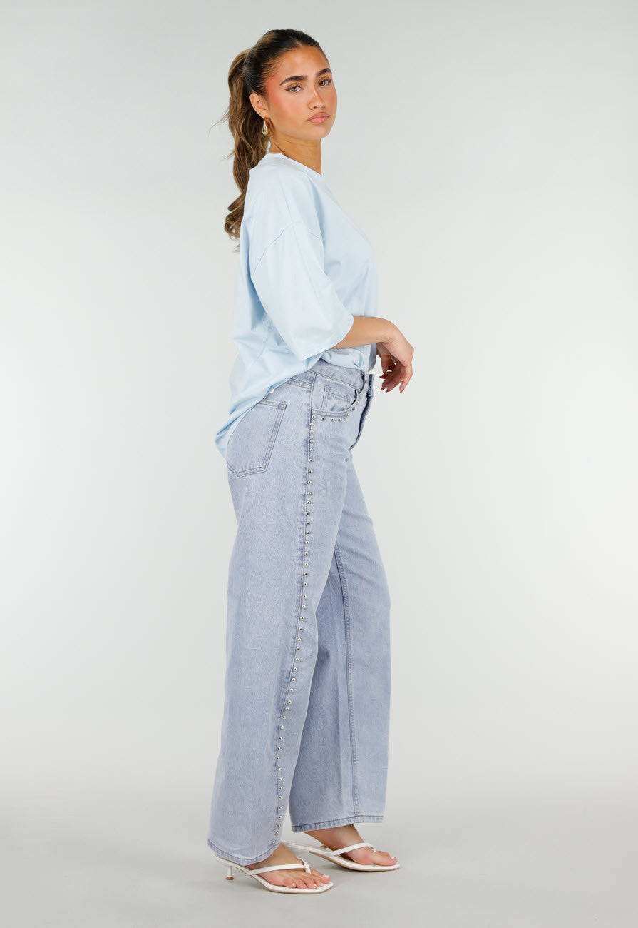 Lichtblauw Oversized T-Shirt met Korte Mouwen en Backprint