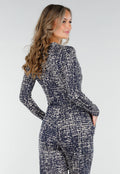 Beige-Blauwe Stretch Jumpsuit met All-Over Print en Strikceintuur