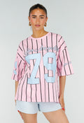 Roze Oversized Jersey Shirt met Blauwe Print en Strepen