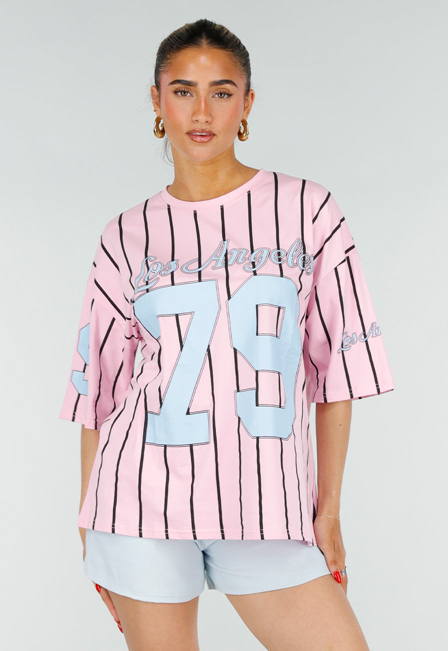 Roze Oversized Jersey Shirt met Blauwe Print en Strepen