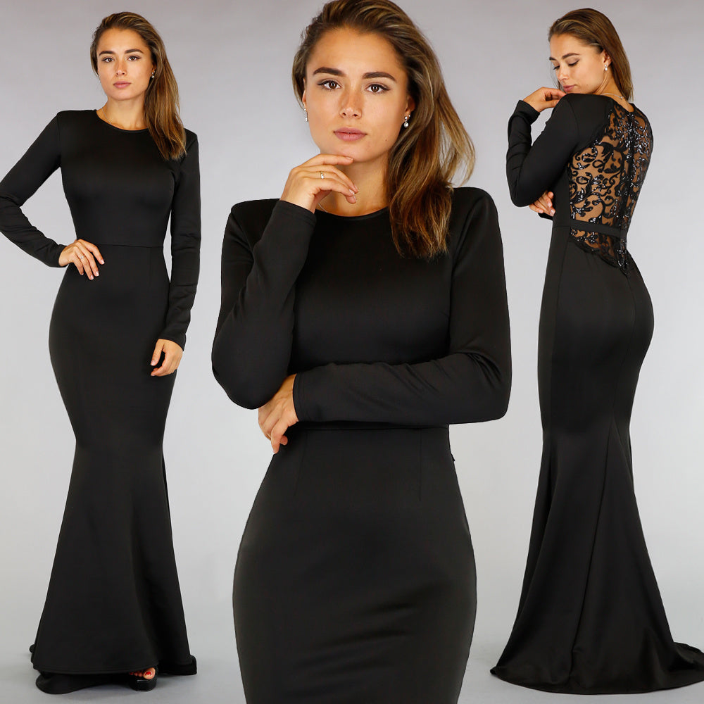 Classy Zwarte Longsleeve Galajurk met Pailletten Rug