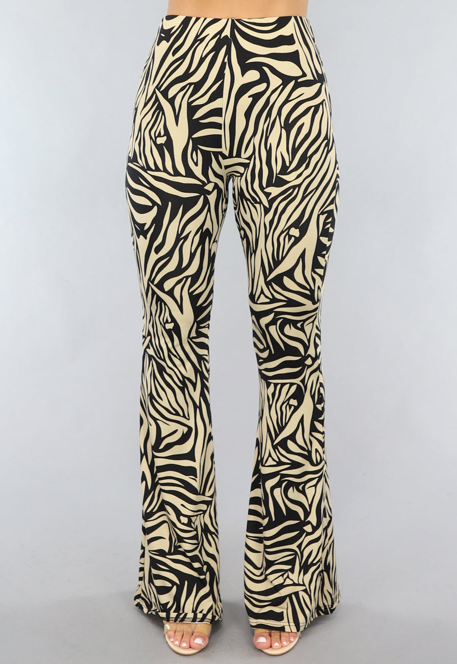 Tall Elastische Beige Zebra Broek met Wijduitlopende Pijpen