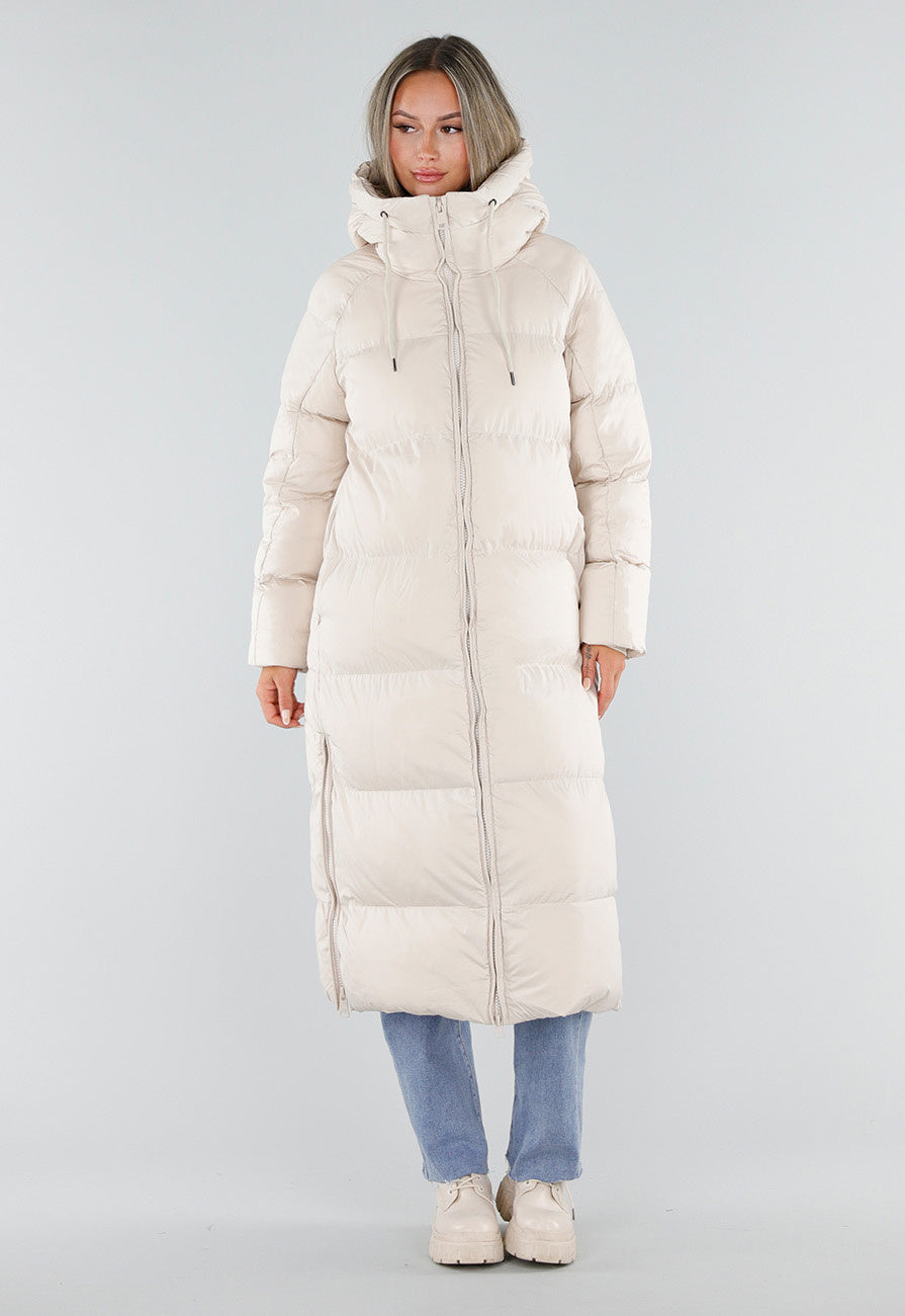 Beige Lange Gewatteerde Puffer Winterjas met Capuchon en Ritsen