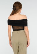 See Through Doorschijnende Zwarte Off-Shoulder Stretch  Mesh Top