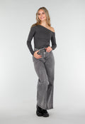 Donkergrijze One Shoulder Top met Lange Mouwen