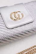 Zilveren Clutch van Gevlochten Imitatieleer met Gouden Chain
