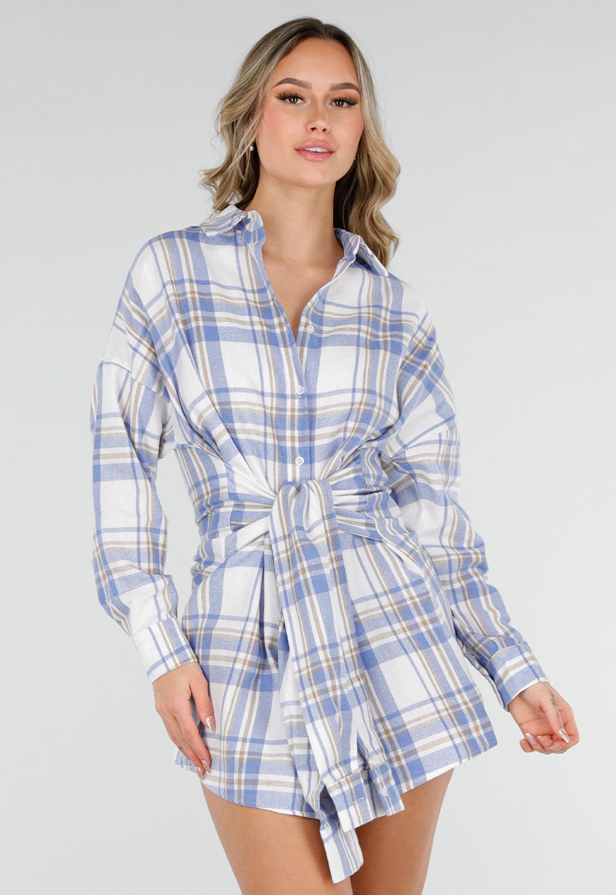 Blauw Geruite Blouse Jurk met Strikmouwen