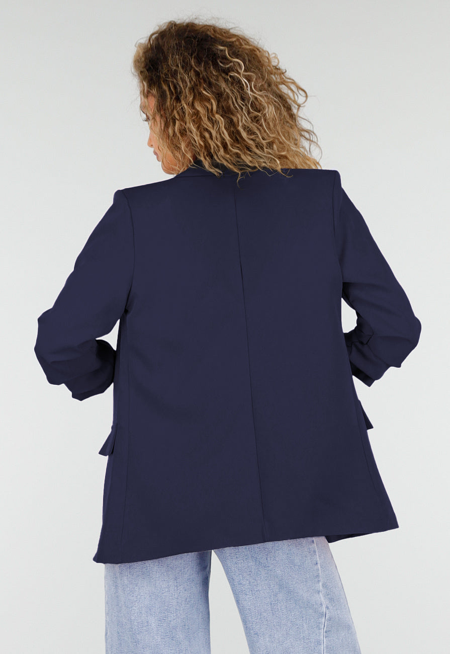 Marine Blauwe Blazer met Geplooide Driekwart Mouwen