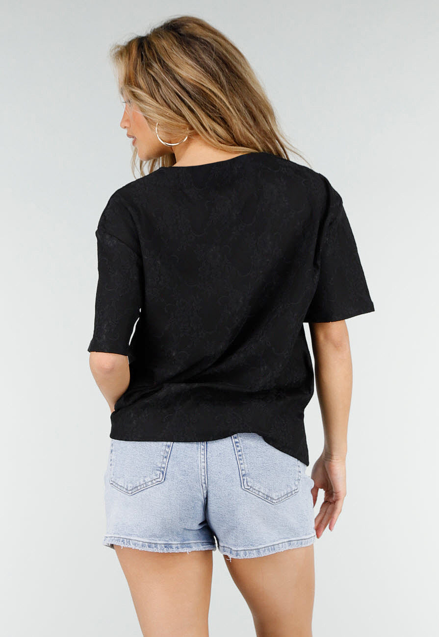 Zwart Kanten T-shirt met Korte Mouwen en Ronde Hals