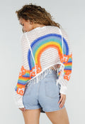 Witte Gehaakte Trui met Regenboog Print en Franjes