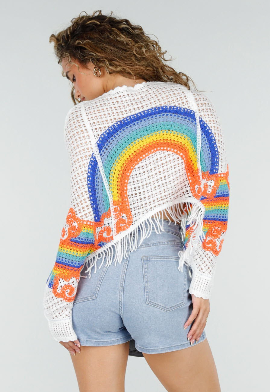 Witte Gehaakte Trui met Regenboog Print en Franjes