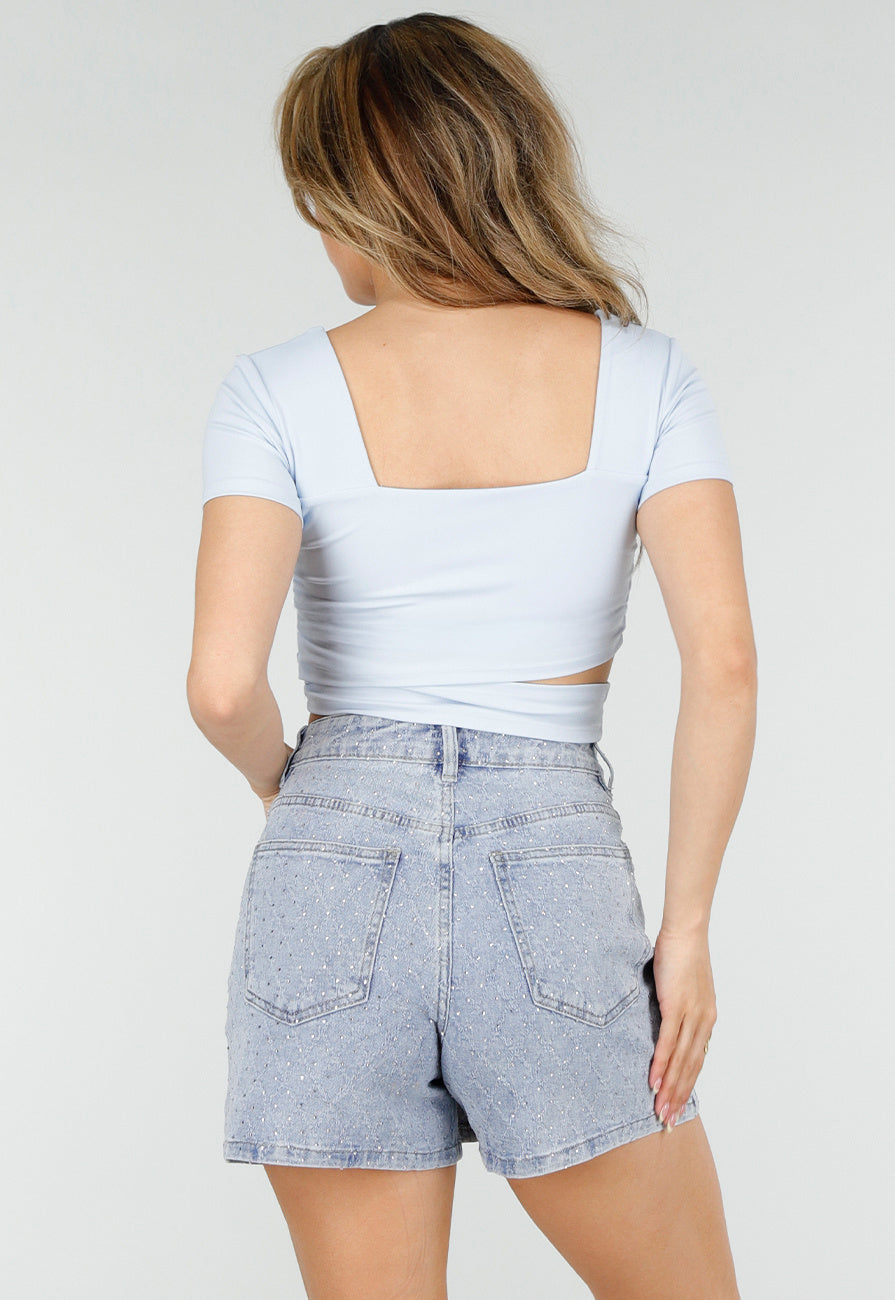 Blauwe Denim Skort met Strass Details en Rechte Pasvorm