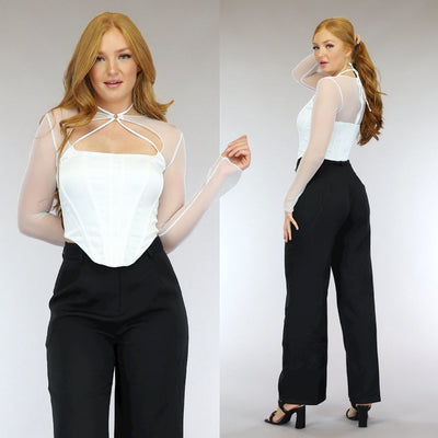 Witte Longsleeve Korset Top met Mesh Mouwen