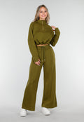 Olijfgroene Cropped Lounge Trui met Halve Rits en Hoge Kraag