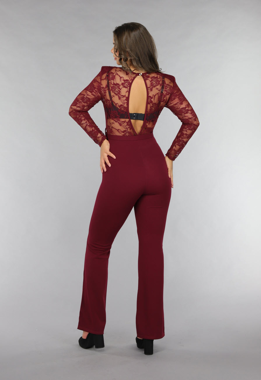Burgundy Jumpsuit met Kanten Details