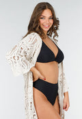Beige Gehaakte Cover-up Jurk Vest met V-Hals en Lange Mouwen