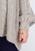 Beige Gebreide Trui met Kabelpatroon en Pofmouwen