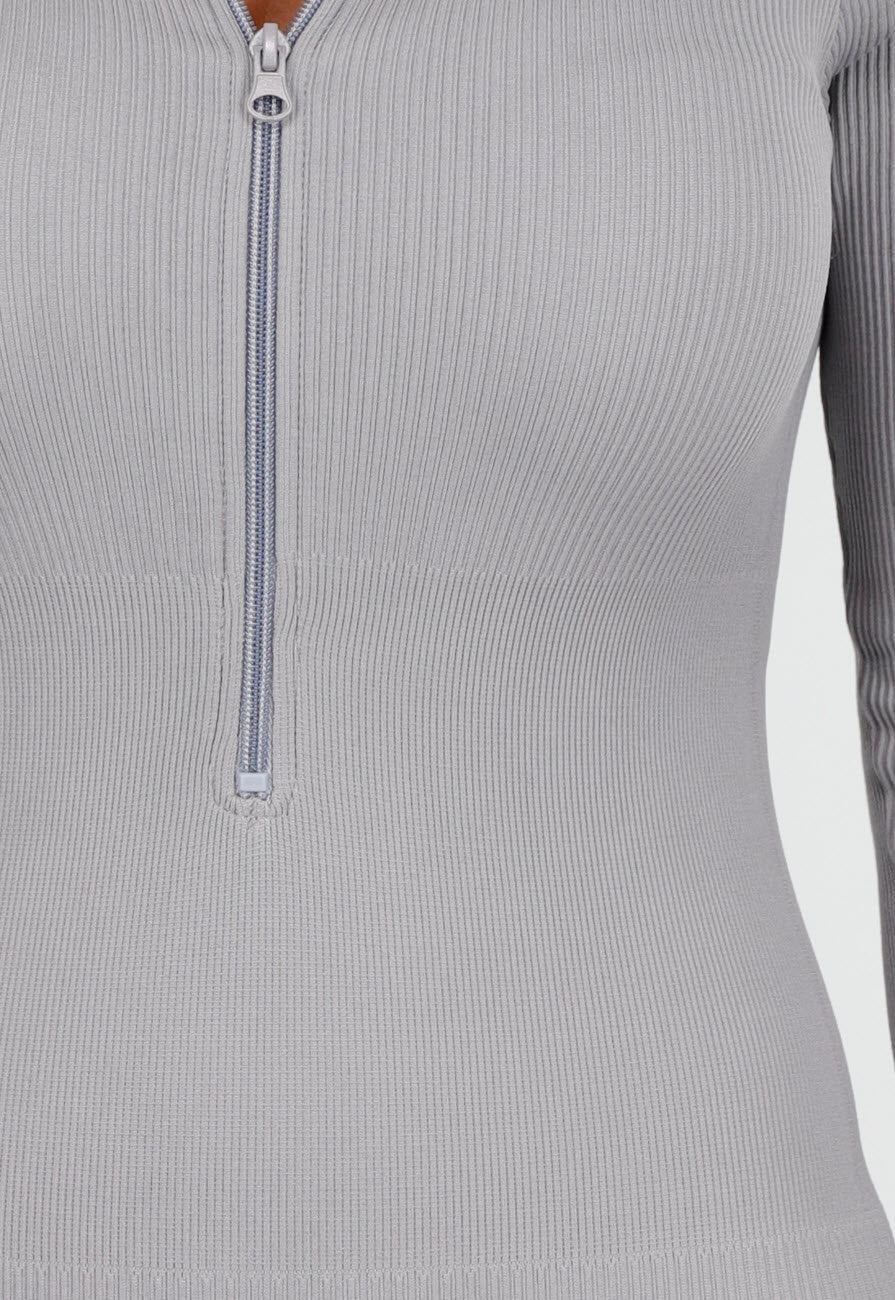 Grijze Rib Jumpsuit Met Lange Mouwen en Ritssluiting