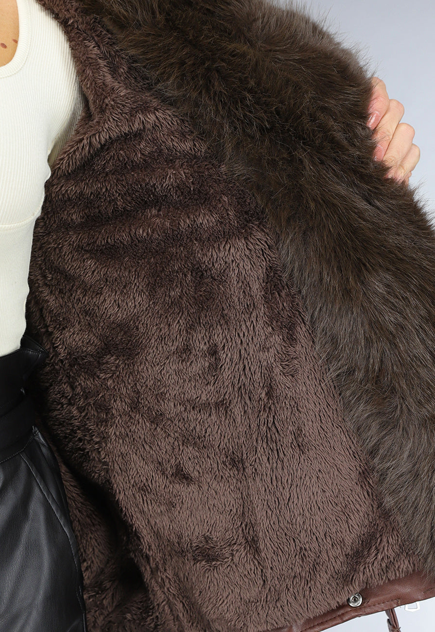 Bruine Lederlook Jas met Faux Fur Kraag