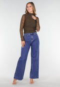 Khakikleurige See Through Kanten Top met Gedrappeerd Effect