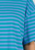 Blauw Groene Gestreepte T-shirt met Ronde Hals en Korte Mouwen