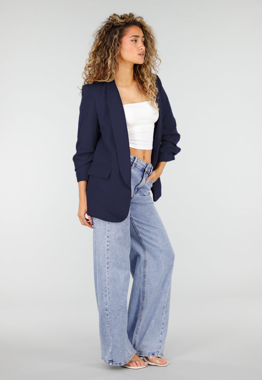 Marine Blauwe Blazer met Geplooide Driekwart Mouwen