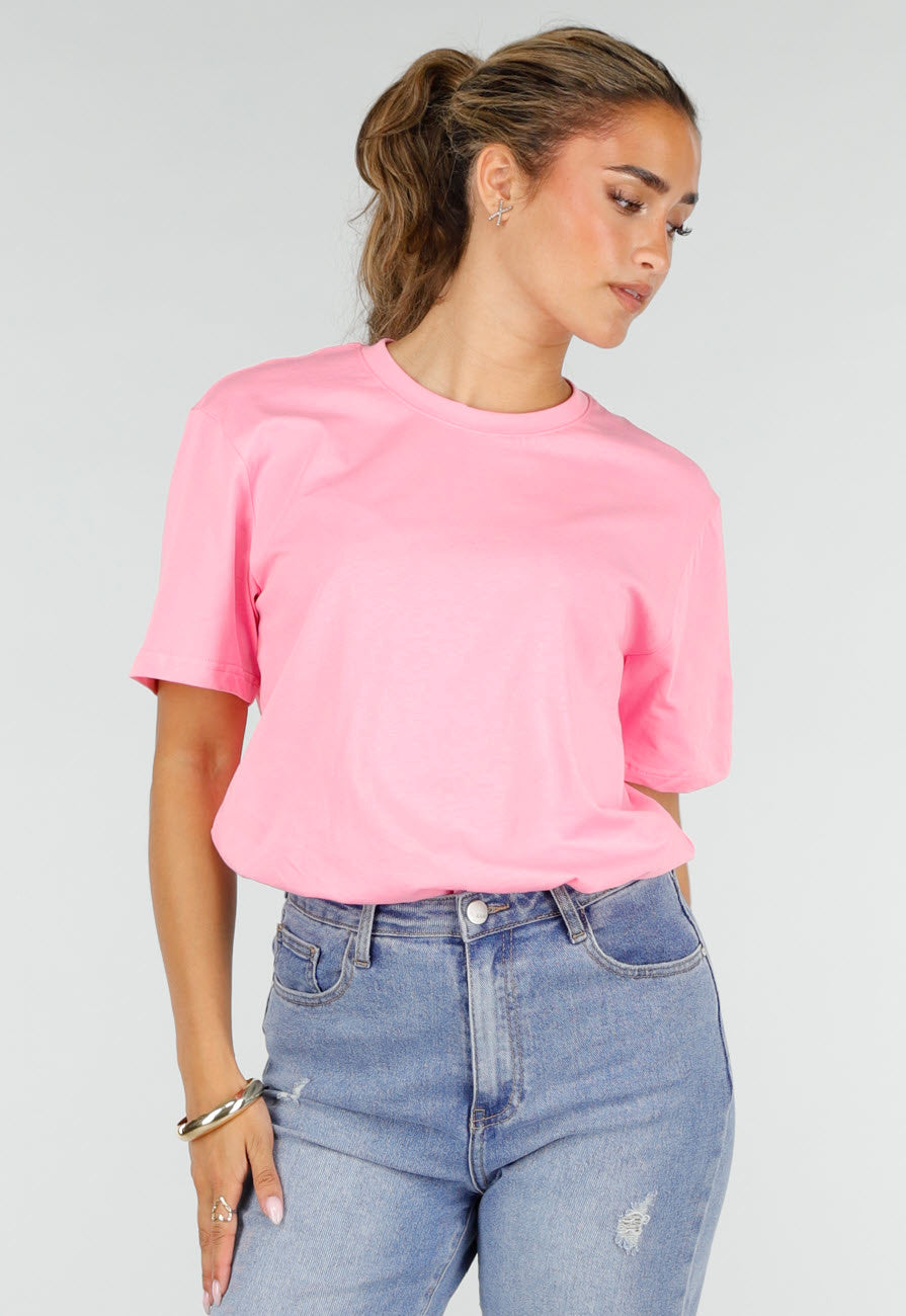 Roze Basic T-Shirt met Ronde Hals en Korte Mouwen