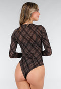 Bruine Mesh Body met Ruitprint en Lange Mouwen