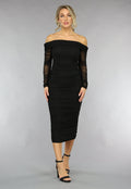 Gedrapeerde Zwarte Bodycon Off Shoulder Mesh Jurk