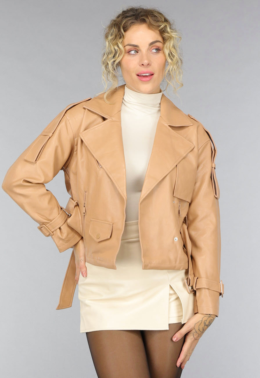 Camel Lederlook Jas met Gesp Details