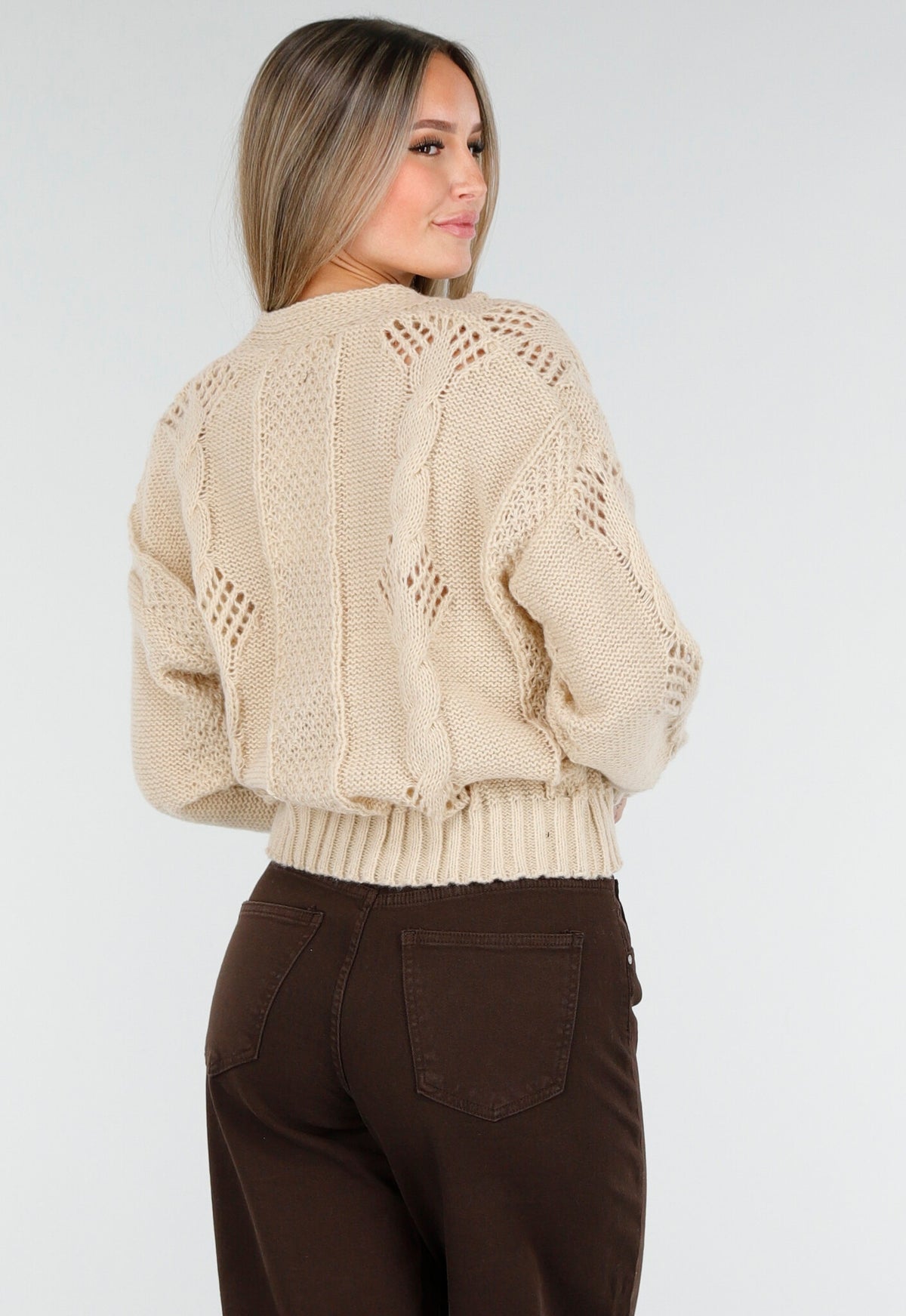 Vest met V-Hals en Lange Mouwen in Beige