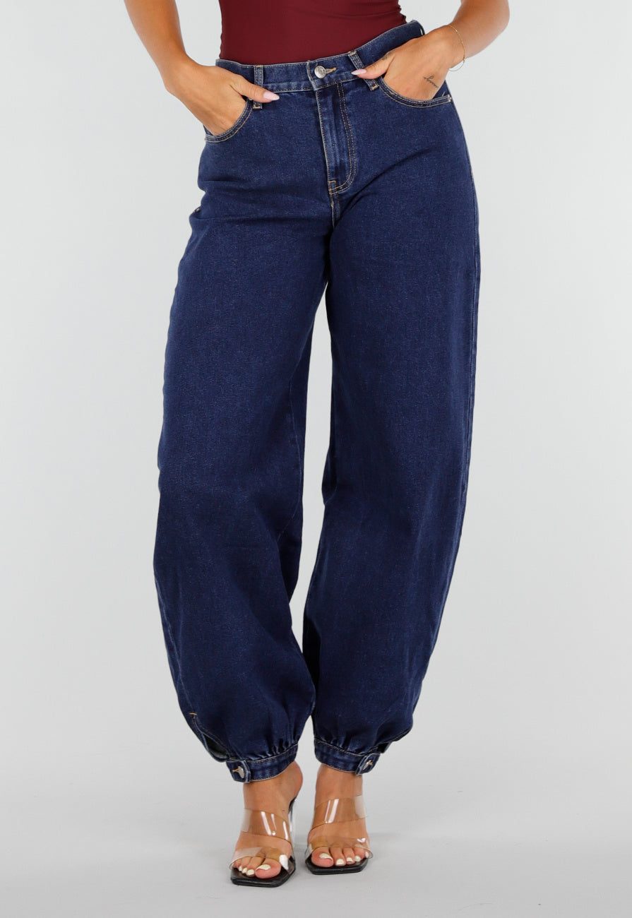 Donkerblauwe Denim Barrel Jeans met Wijde Pijpen en Elastische Enkelboorden