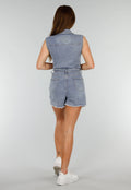 Mouwloze Blauwe Denim Stretch Playsuit met Ceintuur