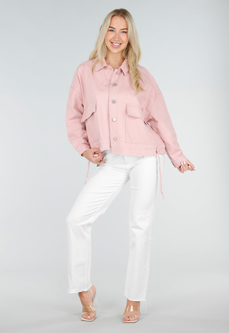 Roze Denim Jas met Klepzakken en Trekkoord