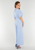 Lichtblauwe Jumpsuit met Wijde Pijpen en Lage V-Hals in Linnenlook