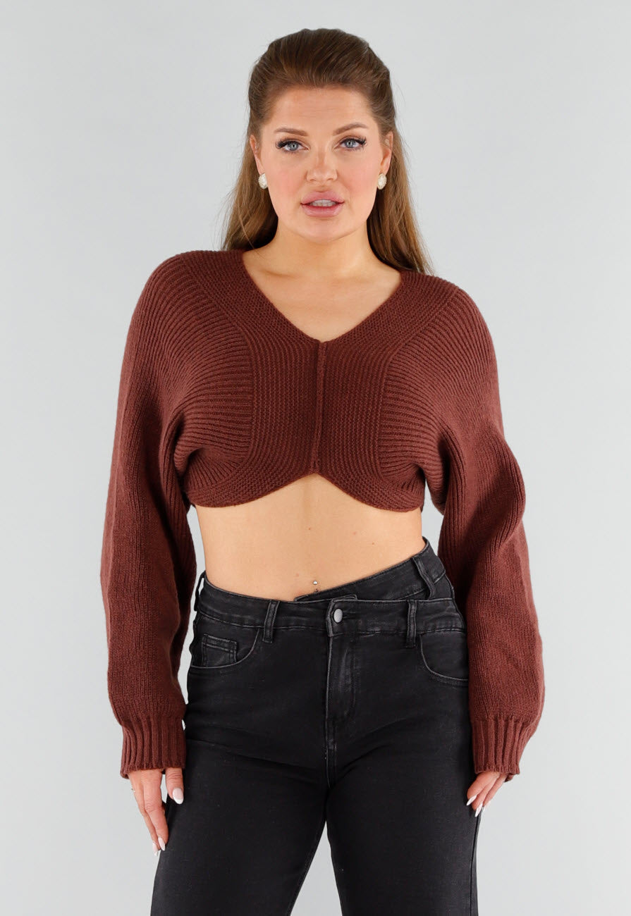 Donkerbruine Gebreide Cropped Trui met V-Hals en Ballonmouwen