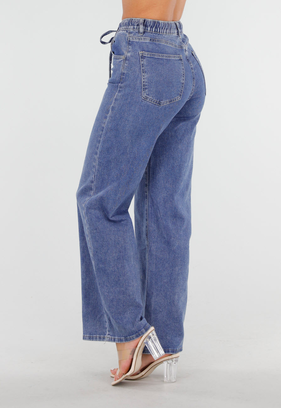 Blauwe Wide Leg Jeans met Elastische Taille en Strikkoord