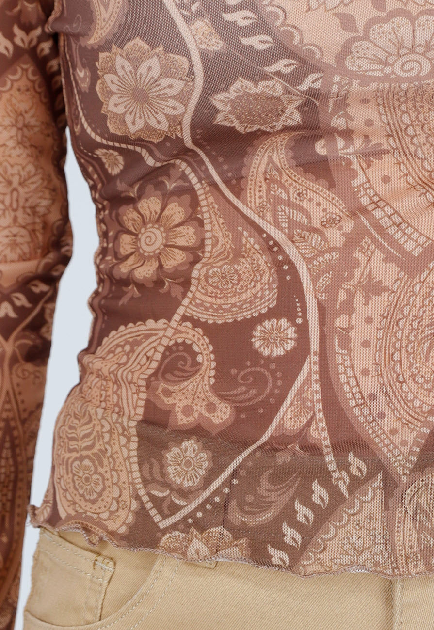 Bruine Semi-Transparante Mesh Top met Paisley Print