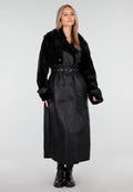 Zwarte Lange Trenchcoat van Imitatieleer met Ceintuur