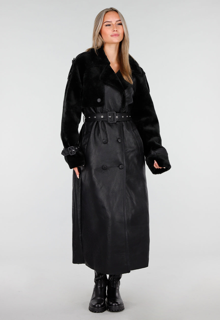 Zwarte Lange Trenchcoat van Imitatieleer met Ceintuur