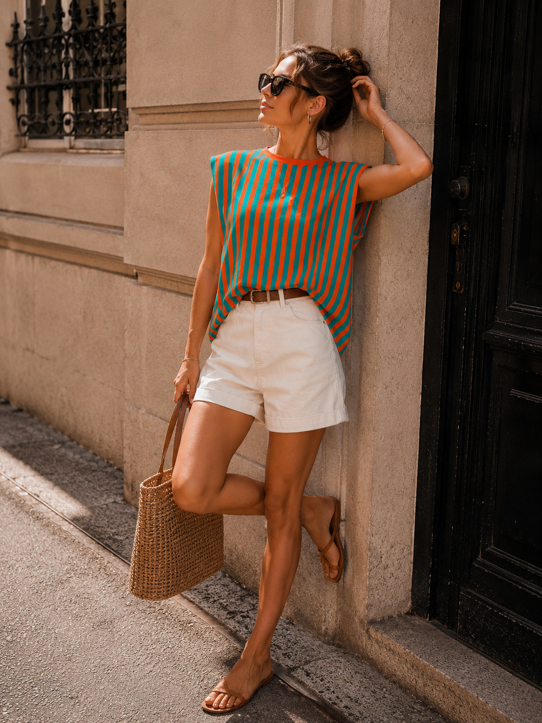 Turquoise Gestreepte Top met Schoudervullingen en Mommy Opdruk