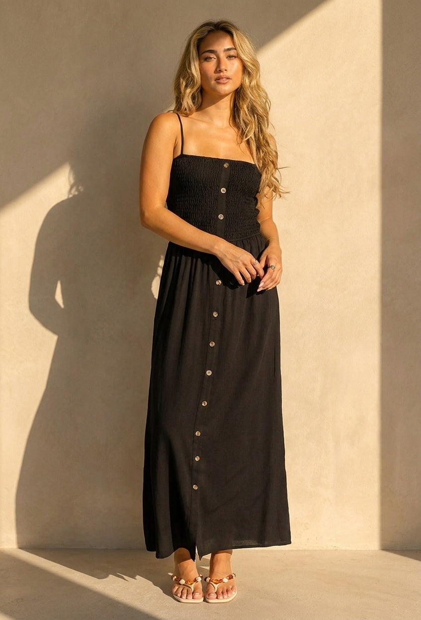 Zwarte Maxi Jurk met Smock Bodice, Strikbandjes en Knoopsluiting