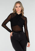 Zwarte Mesh Crop Top met Kruishals en Stretch