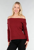 Donkerroze Off Shoulder Trui met Kabelpatroon en Brede Halsrand