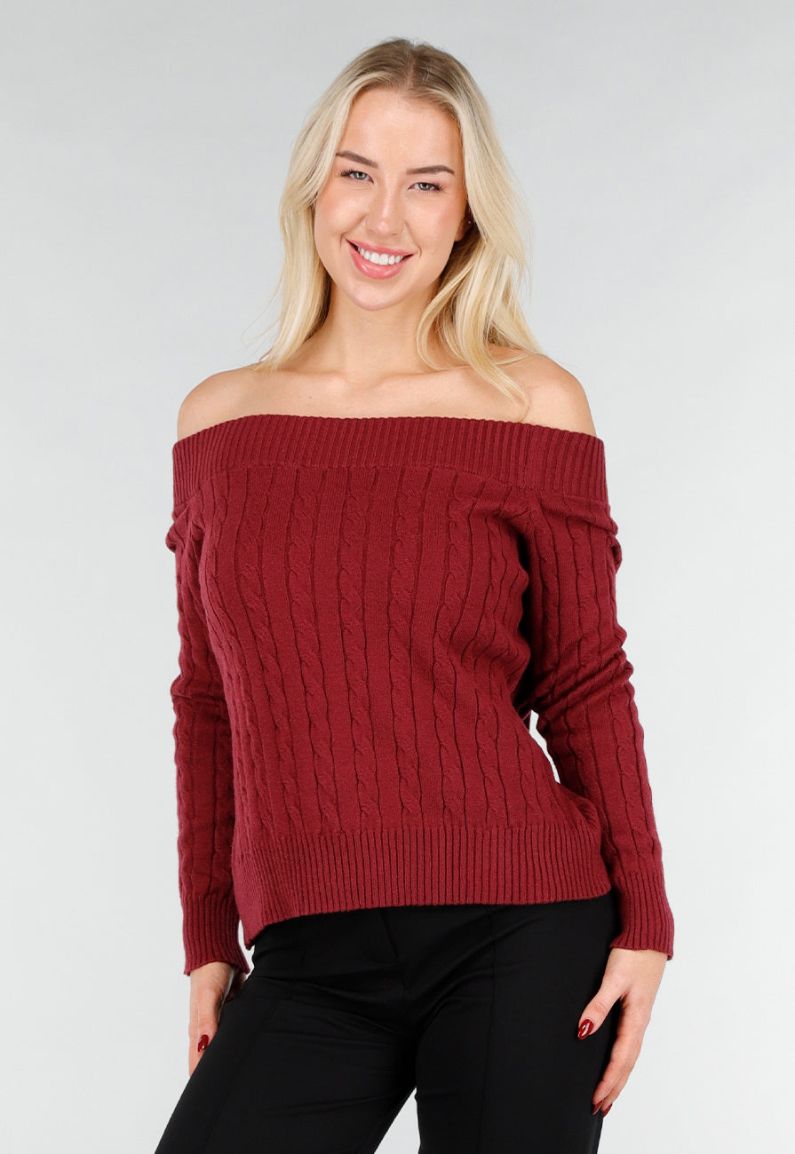 Donkerroze Off Shoulder Trui met Kabelpatroon en Brede Halsrand
