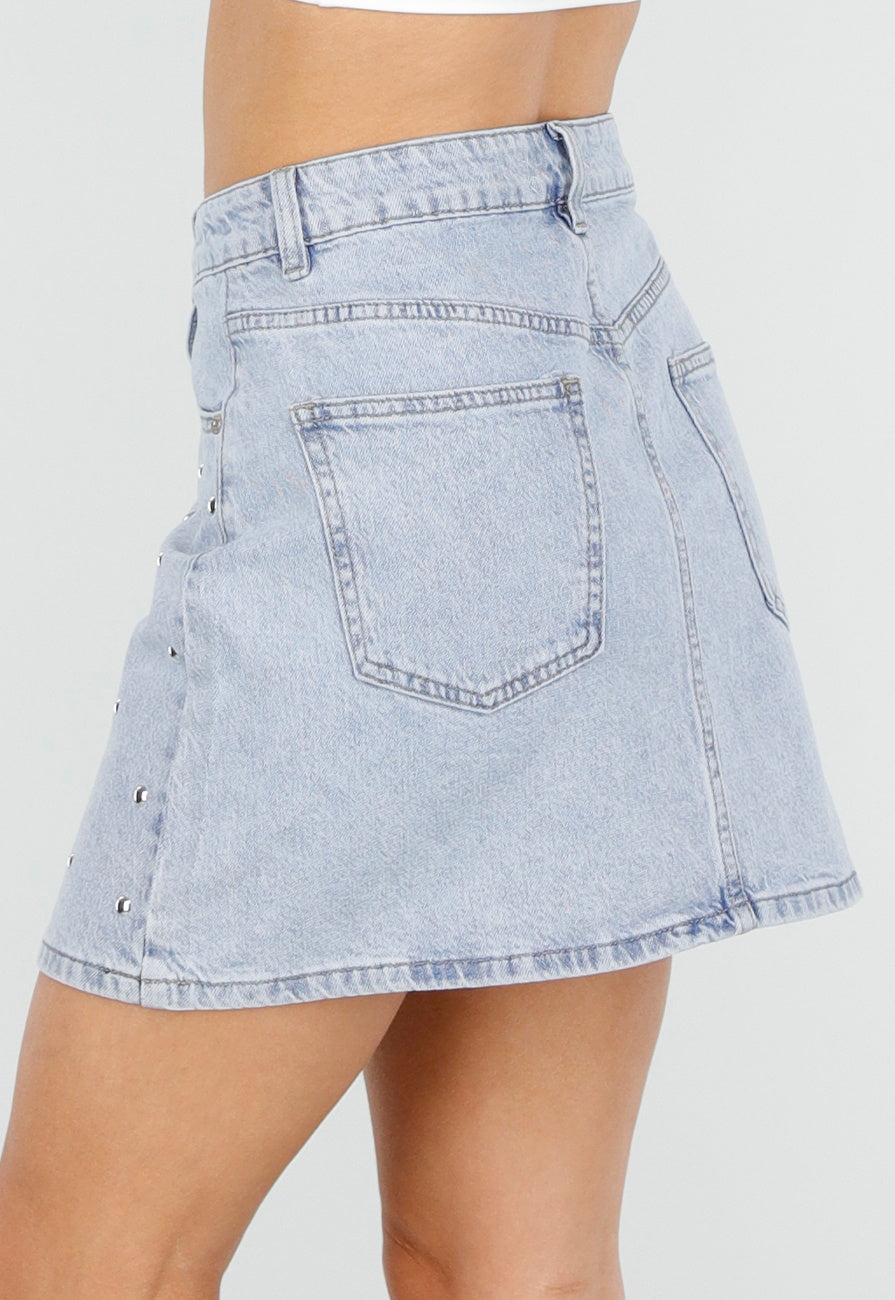 Lichtblauwe Denim Mini Rok met Studs en High Waist