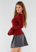 Rode Off Shoulder Gebreide Trui met Uitlopende Mouwen